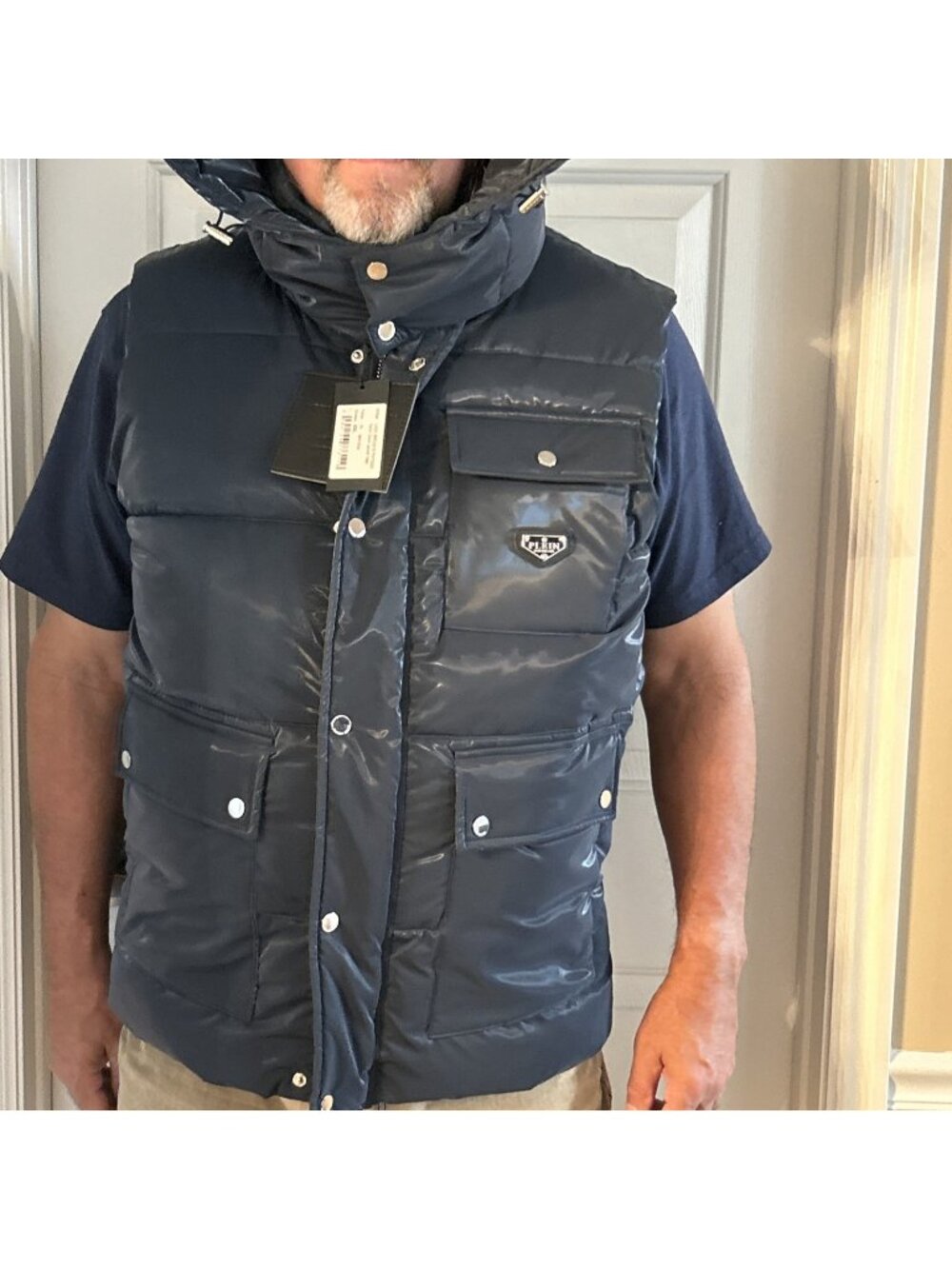 Phillip Plein Down Vest Quilted Hooded Full Zip/Snap Pockets Navy Men XXL NEW
